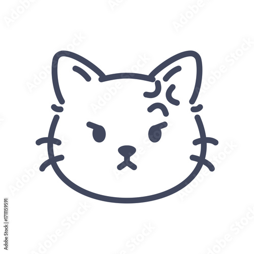 Angry line art cat emoji icon. Cute cartoon kitten face with furious expression.