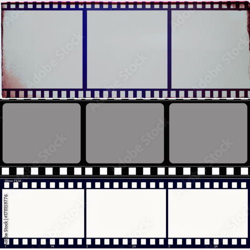 Film strip template with three empty frames isolated on white background
