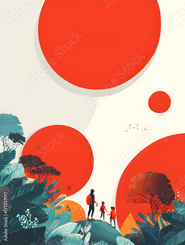 A family of three explorers standing on a rocky outcrop.