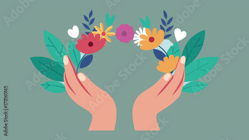 Minimalist hands holding a flower vector illustration