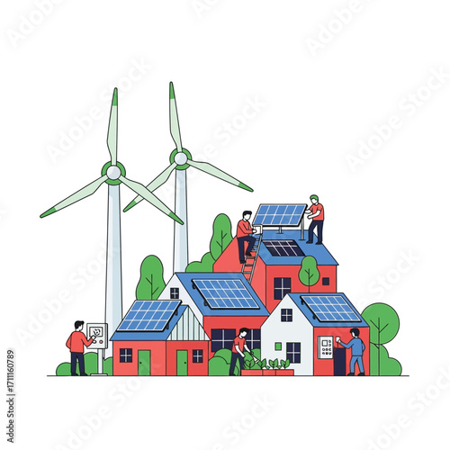 Sustainable energy solutions for homes featuring solar panels and wind turbines