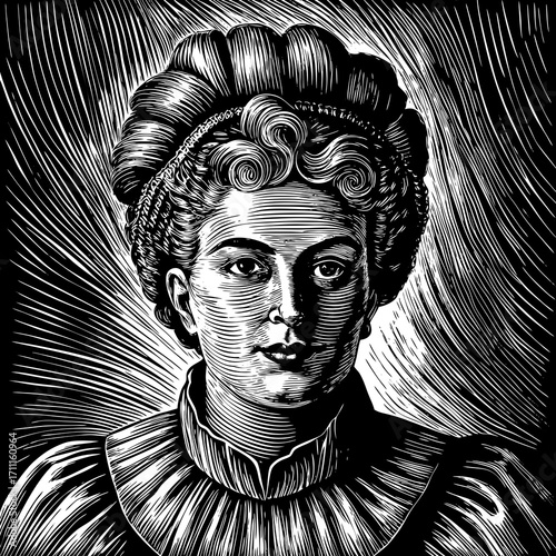 Vintage Engraved Portrait of a Woman, A French physicist and chemist famous for her work on radioactivity. She was the first person honored with two Nobel prizes