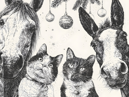 Festive Farm Friends: A Christmas Gathering of Horse Donkey and Cats.