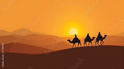 Stylized silhouette of camel caravan crossing desert dunes
