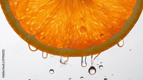 Juicy Orange Slice with Water Droplets Dripping in Slow Motion.