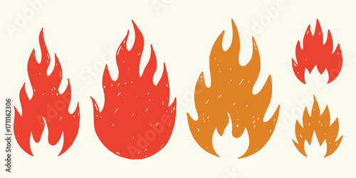 Set of hand drawn stylized fire flames in red and orange colors on a light background