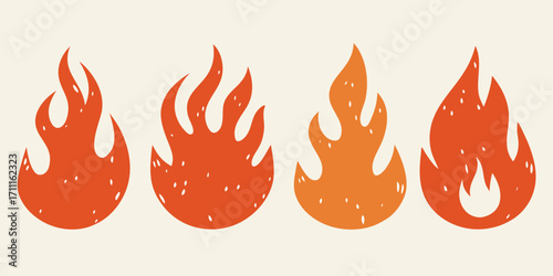 Four stylized cartoon flames in warm orange and red colors with white speckles on a cream background