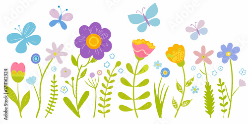 Whimsical spring meadow with colorful flowers and butterflies on a white background