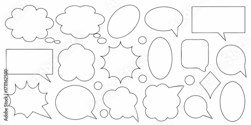Collection of diverse comic book style speech and thought bubbles with various shapes and outlines