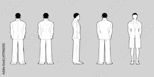Collection of stylized male fashion illustrations showing different outfits and poses from various angles