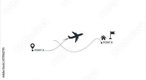 Airplane charting a dotted flight path between two marked destinations on a white background.