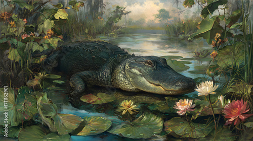 Alligator basking among lily pads in a serene swamp setting.