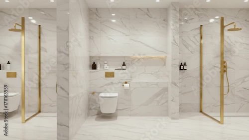 Luxurious Bathroom Design with Marble Walls and Gold Accents.