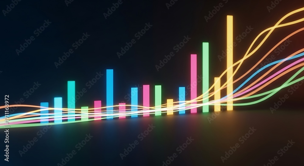 Fototapeta premium Abstract glowing 3D render of vibrant bar graphs and fluid data waves, showcasing digital business analytics, financial market insights, and technological innovation
