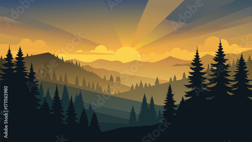 Misty black forest sunrise with golden pine trees