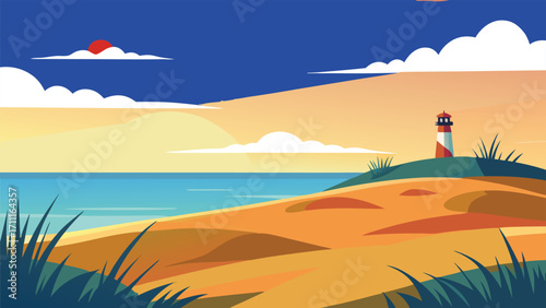 North sea beach scene with dunes grass and a lighthouse