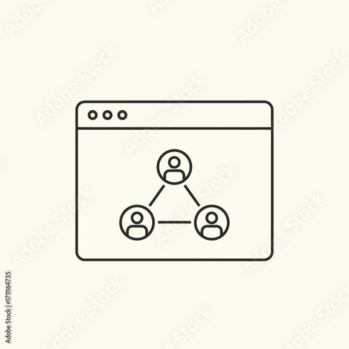 Thin line icon of a browser window displaying a user network, symbolizing digital collaboration, teamwork, and social connection