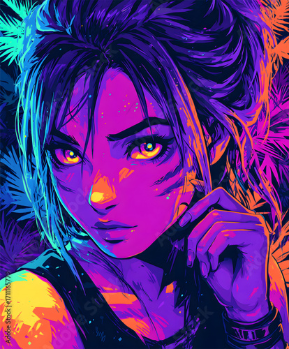Vibrant neon portrait of a focused anime girl with glowing eyes.
