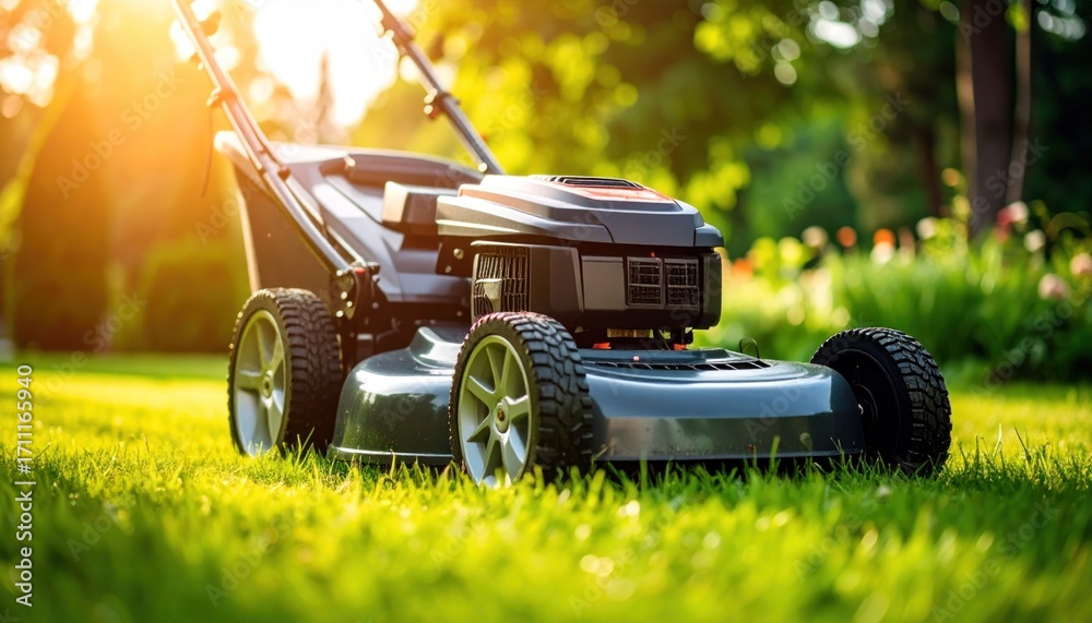 Fototapeta premium Modern Lawn Mower in a Lush Green Yard at Sunset