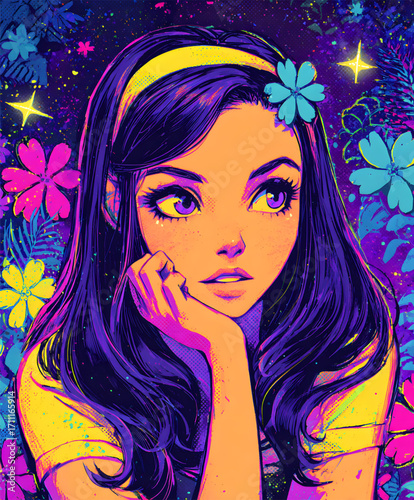 Retro Style Girl Portrait Vibrant Colors.