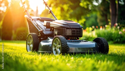 Modern Lawn Mower in a Lush Green Yard at Sunset