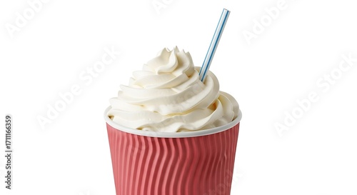 Creamy whipped topping in a red paper cup with a straw