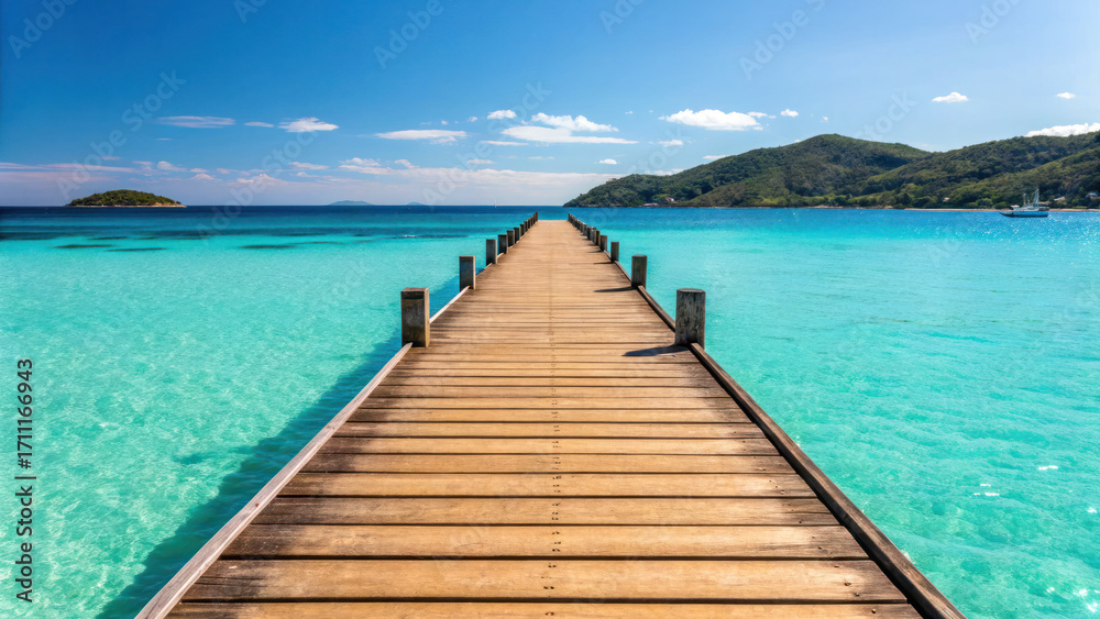 Fototapeta premium Scenic wooden pier stretches into turquoise ocean under clear blue sky, surrounded by lush green islands and calm waters