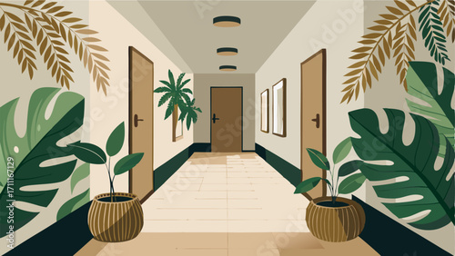 A hallway decorated with large tropical leaf prints hung on a neutral colored wall and natural woven baskets for storage.