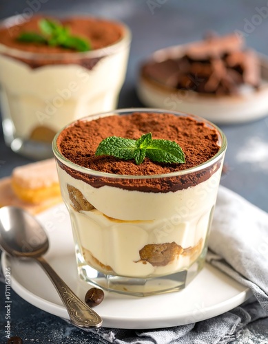 Creamy tiramisu in glasses