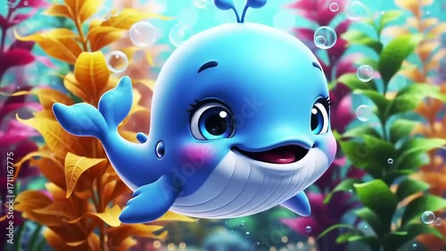 Cute cartoon whale underwater
