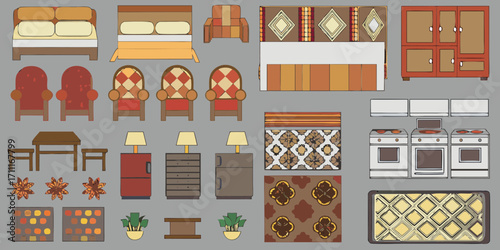Collection of flat design furniture and home decor elements in warm earth tones