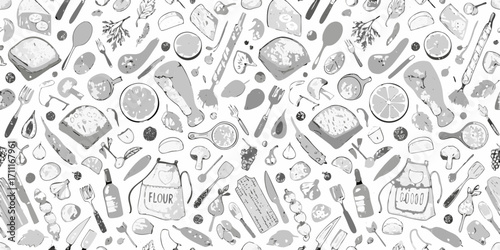 Hand drawn sketchy food ingredients and kitchen utensils seamless pattern background