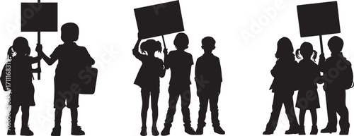 Children protesting silhouette vector illustration for social justice advocacy