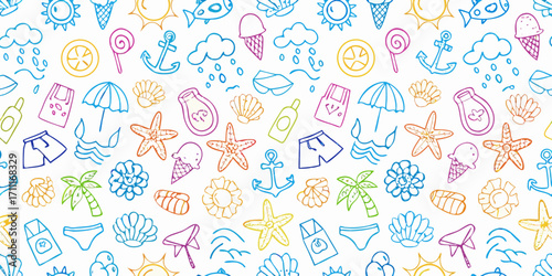 Colorful hand drawn summer vacation icons seamless pattern on white background