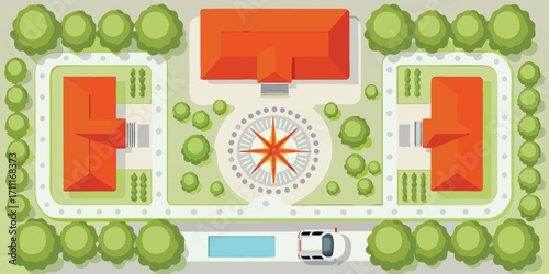 Top down view of a modern estate with orange roofed buildings and a compass rose courtyard