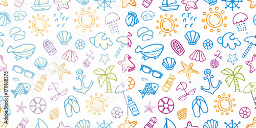 Whimsical hand drawn summer beach vacation icons pattern with sun palm trees and ocean life
