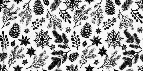 Seamless pattern of hand drawn winter holiday elements including pine cones snowflakes and pine branches