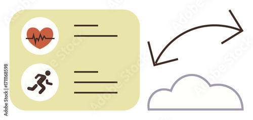 Heart rate icon, running figure icon with text, arrows connecting to cloud illustrate data transfer. Ideal for health monitoring, fitness tracking, mobile health apps, data exchange, cloud usage