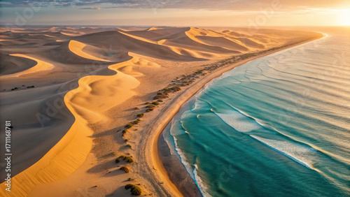 Fototapeta Naklejka Na Ścianę i Meble -  Scenic sand dunes meeting turquoise coastline under golden sunset, with gentle waves and serene atmosphere