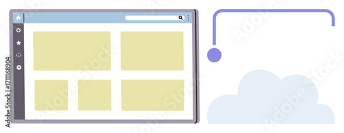 Web interface with grid layout connects to stylized cloud representing syncing or storage. Ideal for technology, cloud computing, data management, teamwork, automation, remote collaboration, simple