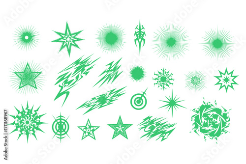 Deformed Stars, Y2K Bling, Abstract Sharp Lines, Spikes, and Cybersigilism – Retro-Futuristic Tribal Cosmos Collage with Distorted Stars and Rave Burst Elements - Vector Graphic Set