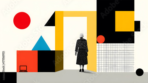 Graphic illustration of a solitary woman standing at a threshold.