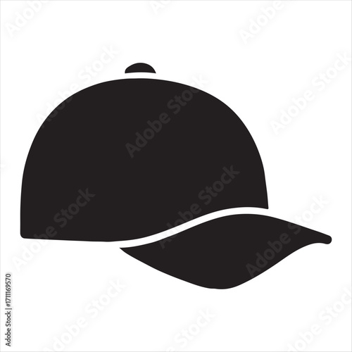 Simple black silhouette icon of a baseball cap with a curved brim and rounded crown