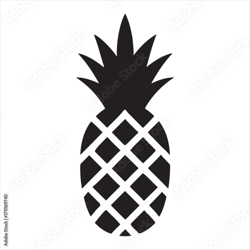 Simple black silhouette of a pineapple with a textured body and spiky crown on a white background