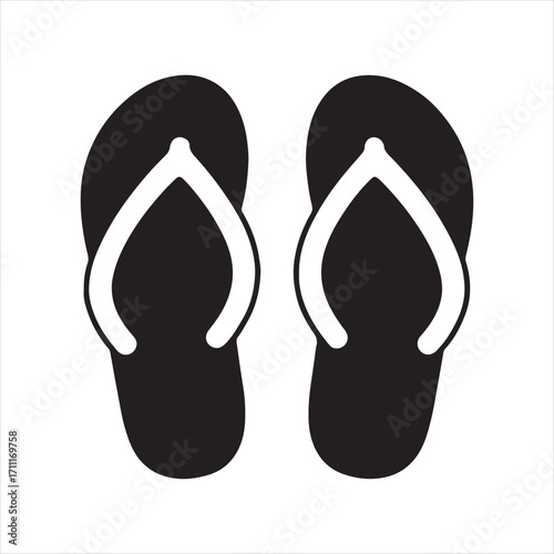 Simple black and white graphic illustration of a pair of flip flop sandals on a white background