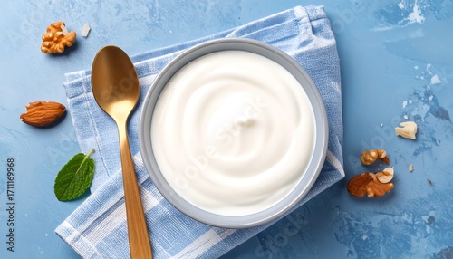 Creamy yogurt in a bowl, surrounded by nuts and mint