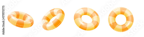 Set of inflatable swimming ring. Rubber lifebuoy icons in different view angles. Swim lifesaver. Summertime, vacation and travel. 3D vector illustration collection