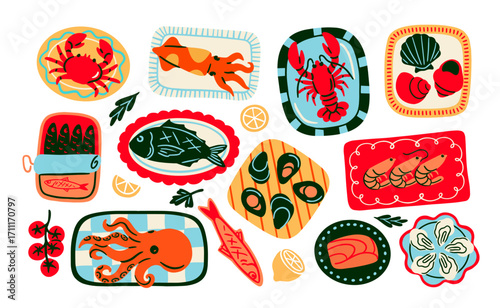 Seafood meals set. Doodle stickers with canned sardines, crab, squid, fried fish, shrimp, and mussels on plates. Mediterranean cuisine. Cartoon vector illustration collection