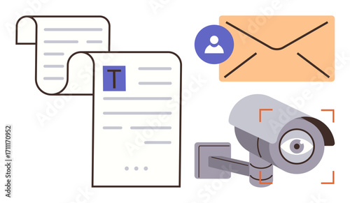 Document scroll, email with user profile, and a security camera representing surveillance, communication tracking, and privacy. Ideal for data security, digital privacy, monitoring, email tracking