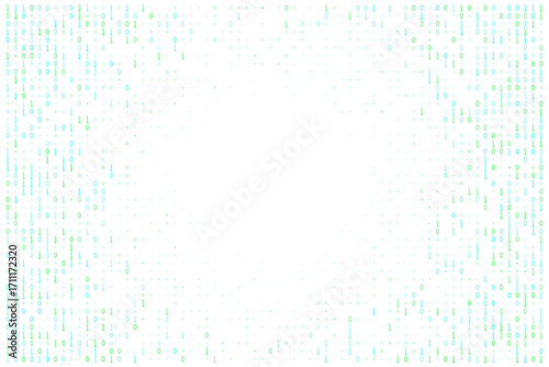 Abstract digital background with glowing green and blue binary code forming a frame, symbolizing data, technology, programming, and the internet in a futuristic matrix style.